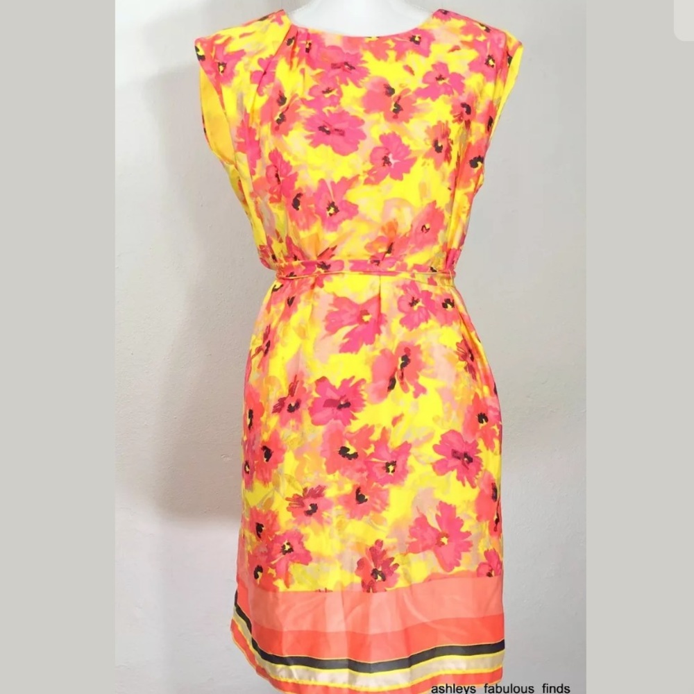 Ann Taylor Loft Yellow Dress Tie Waist Size 4 Pink